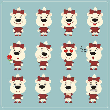 Set of charming little polar bear girl in various poses. Collection emoticons of isolated girls polar bear in cartoon style.