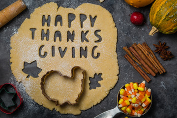 Thanksgiving concept - baking ingredients and symbols