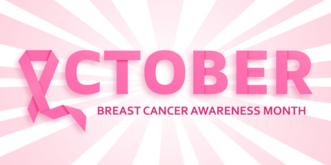 Breast cancer awareness month background with pink ribbon and text October. Vector illustration