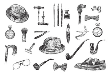 Victorian Era Collection, Gentleman's vintage accessories doodle collection. Hand drawn men illustrations set. Vintage vector engraving style - obrazy, fototapety, plakaty