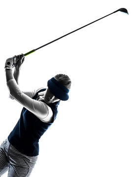 Woman Golfer Golfing Silhouette In White Background