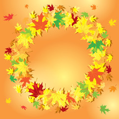 round frame of leaves on orange background - vector colorful autumn