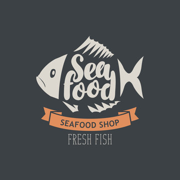 Vector emblem or banner for seafood shop with decorative fish, inscription seafood and words fresh fish on the dark background in retro style.