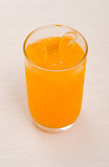 close up of an orange juice glass.