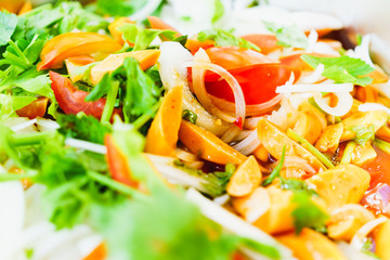 Close up of Thai style spicy Sausage Salad, selective focus, Thai food background