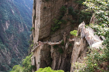 Stone Steep Steps . Trekking walking hiking Huangshan Mountain. Anhui, China. 13th , April 2009