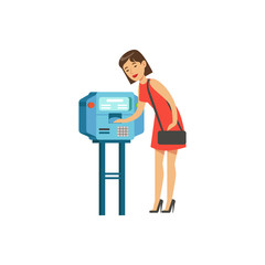 Woman using automatic vending machine, people carrying out operations with terminal vector Illustration