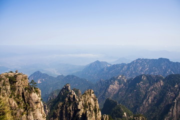 Fototapeta na wymiar Amazing Stunning View of Huangshan Mountain, Yellow Mountaing. Anhui, China from the Peak. Travel in China. 15th April, 2009