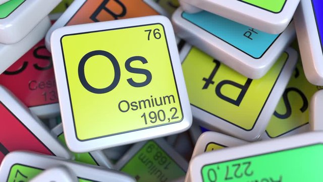 Osmium Os block on the pile of periodic table of the chemical elements blocks. Chemistry related intro animation