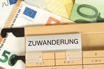 Euro Geldscheine und ein Ordner mit den Kosten für die Zuwanderung