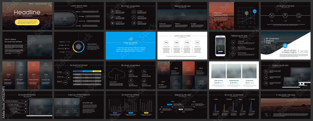 Poster minimalist presentation templates elements on a dark background. vector infographics. use in present