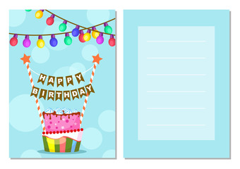 Happy birthday kids postcard set. Holiday congratulation, greeting card with birthday cake and holiday decorations. Invitation templates for children party, event celebration vector illustration