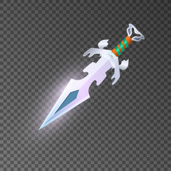 Magic dagger isolated game element. Shiny medieval weapon for computer game design. Fight decoration, fantasy battle object vector illustration.