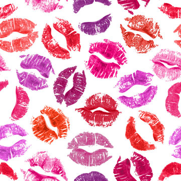 Seamless pattern with lipstick kisses.