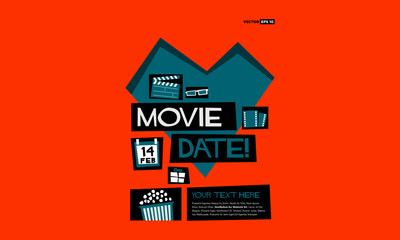 Movie Date 14 February (Flat Style Vector Illustration Valentine Poster Design) with Text Box Template