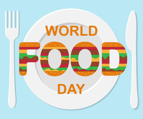 World Food Day, 16 October. Plate, fork and knife table setting conceptual illustration vector.