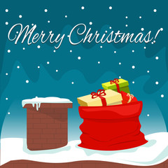 Christmas night, chimney and red sack on the roof