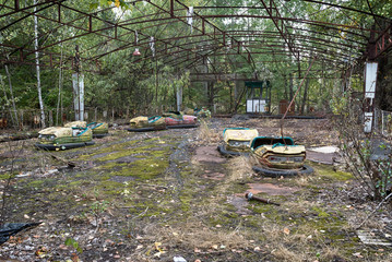 Former amusement park with bumper cars in Pripyat, the ghost town in the Chernobyl Exclusion zone.