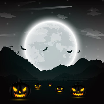 Halloween night background with pumpkin, naked trees, bat and full moon on dark background