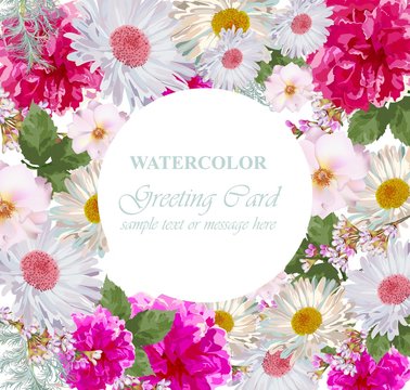 Watercolor flowers blossom card. Vintage colorful greeting card. Summer floral chamomile and peonies. flower decoration bouquets