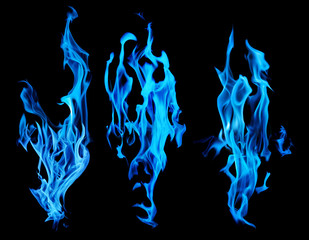 set of blue fire sparks on black background