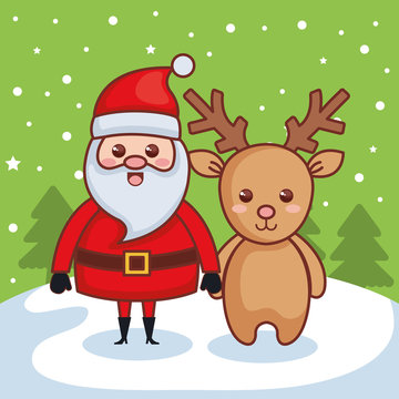 santa claus with reindeer character christmas card
