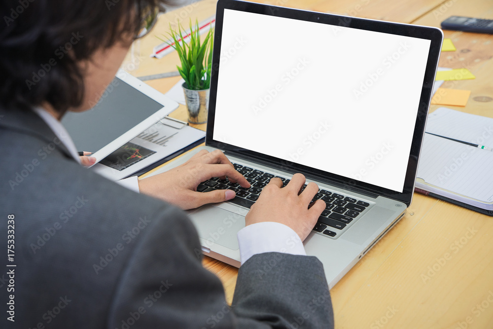 Poster male person sitting front open laptop computer with blank empty screen for your information or conte