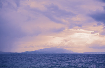 Mountain and Sea at Purple Sunset