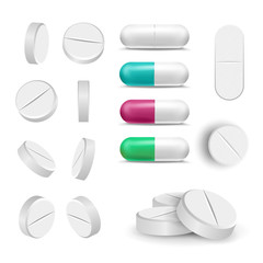 Realistic Pills And Drugs Set Vector. Painkiller, Pharmaceutical Antibiotics. Isolated Illustration