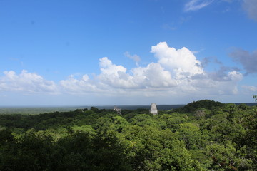 Due piramidi Maya che svettano dalla giungla in un cielo azzurro con nuvole bianche, Tikal, Guatemala