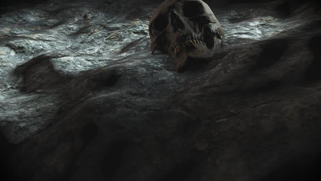 ancient human skull. Apocalypse concept. Super realistic 4k animation.