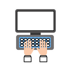 hand on laptop keyboard with blank screen monitor