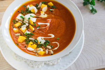 Creamy dense pumpkin soup,  perfect for autumn on cool days