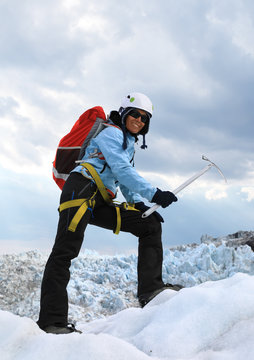 The girl on the icy top of Falljokull Glacier