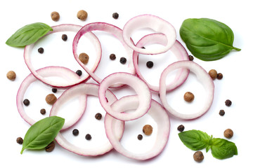 sliced red onion, basil leaf and spices isolated on white background. top view