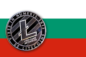 Coin litecoin on the flag of Bulgaria