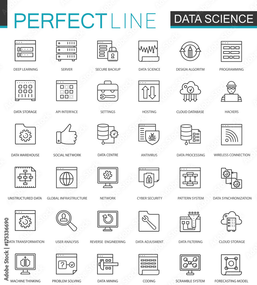 Fototapete Data Science thin line web icons set. Data analysis outline stroke icons design.