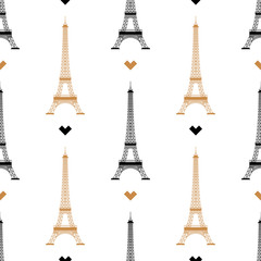 Fototapeta na wymiar Simple seamless background with a golden tower silhouette on a white background. Vector illustration. Silhouette Eiffel Tower Paris,France isolated on white background.