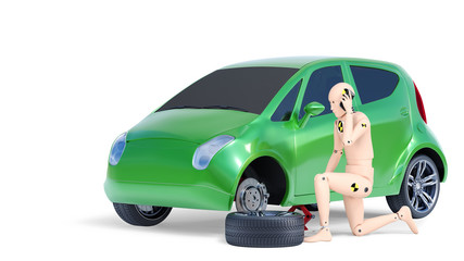 Crash Test Dummy Changing Car Wheel. 3D illustration