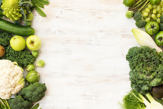 Top View Of Green Vegetables And Fruits