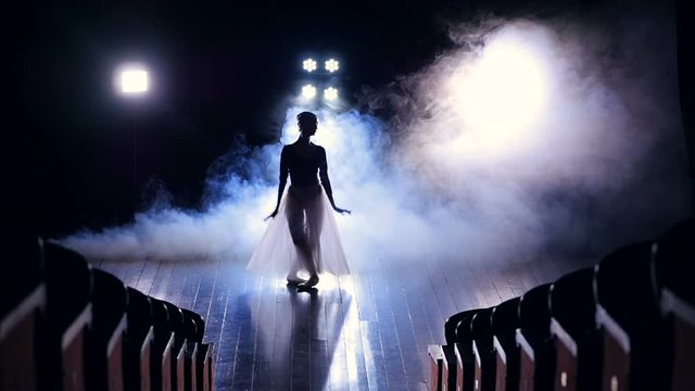 A view from empty seats to a jumping ballerina. 