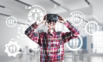 Guy wearing checked shirt and virtual mask demonstrating some emotions