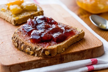 Damson Plum Jam on bread with Apricot jam