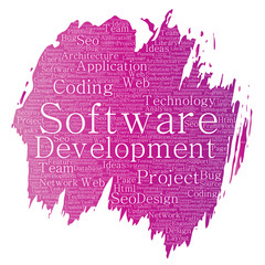 Vector conceptual software development project coding technology paint brush word cloud isolated background. Collage of application web design, seo ideas, implementation, testing upgrade concept