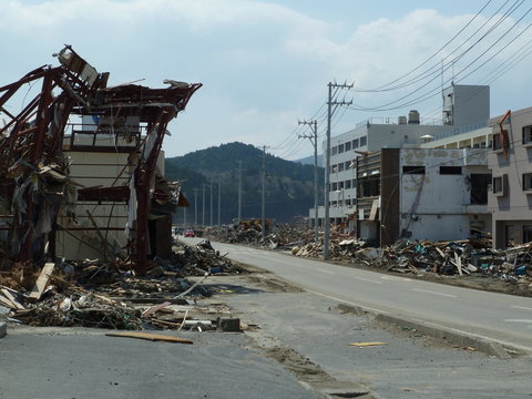 The effects of the tsunami in Japan. Destruction after the most powerful tsunami in 2011. 