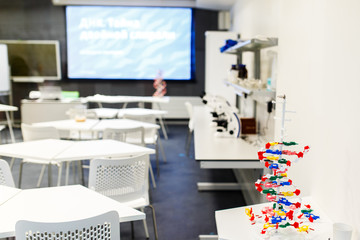 Photo of classroom for chemistry with microscopes