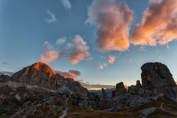 Mountain Cinque Torri (The Five Pillars) on sunset, Dolomites, Italy