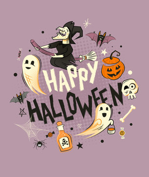 Happy Halloween decorations and fun characters. Vector illustration