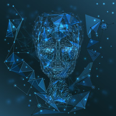 technology modern male portrait, glowing polygonal grid, connecting triangle net, technologies concept