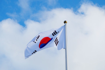 South Korea flag against cloudy sky